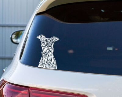 Very sweet, artistic single colour silhouette decal of a greyhound's head and shoulders looking forward with ears perked up.