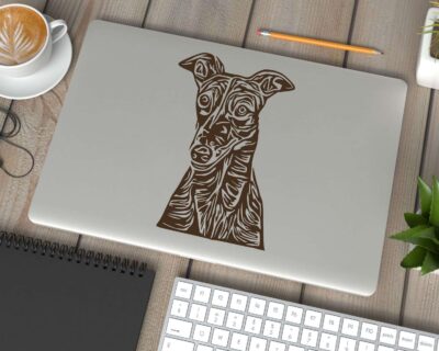 Very sweet, artistic single colour silhouette decal of a greyhound's head and shoulders looking forward with ears perked up.