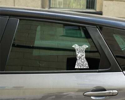 Very sweet, artistic single colour silhouette decal of a greyhound's head and shoulders looking forward with ears perked up.