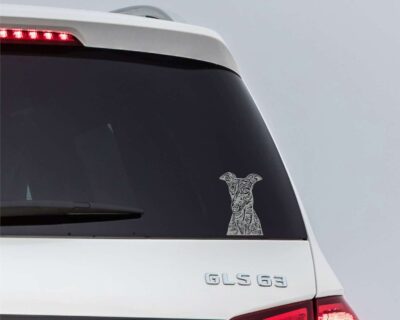 Very sweet, artistic single colour silhouette decal of a greyhound's head and shoulders looking forward with ears perked up.