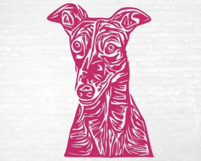 Very sweet, artistic single colour silhouette decal of a greyhound's head and shoulders looking forward with ears perked up.