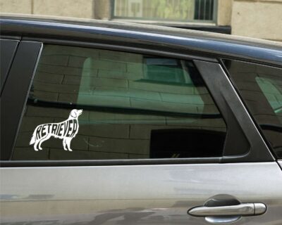 Sweet Golden Retriever dog decal with inset text 'RETRIEVER'.