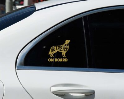 Sweet Golden Retriever dog decal with inset text 'RETRIEVER'.