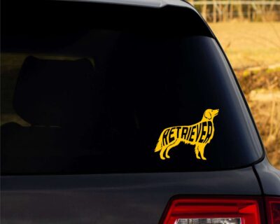 Sweet Golden Retriever dog decal with inset text 'RETRIEVER'.