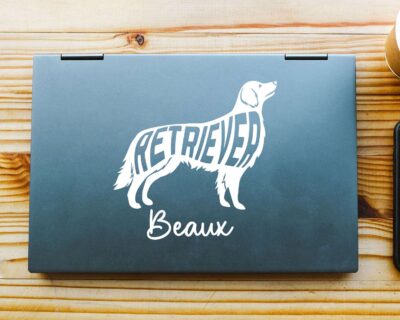 Sweet Golden Retriever dog decal with inset text 'RETRIEVER'.