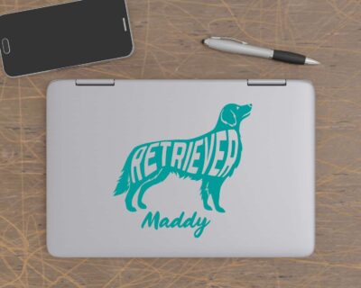 Sweet Golden Retriever dog decal with inset text 'RETRIEVER'.