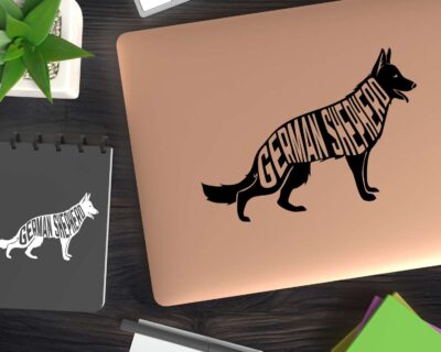 Adorable German Shepherd dog decal with inset text saying 'GERMAN SHEPHERD'.