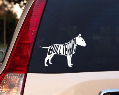 Cute bull terrier dog decal with inset text saying 'BULL TERRIER'.