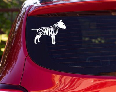 Cute bull terrier dog decal with inset text saying 'BULL TERRIER'.