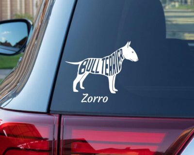 Cute bull terrier dog decal with inset text saying 'BULL TERRIER'.