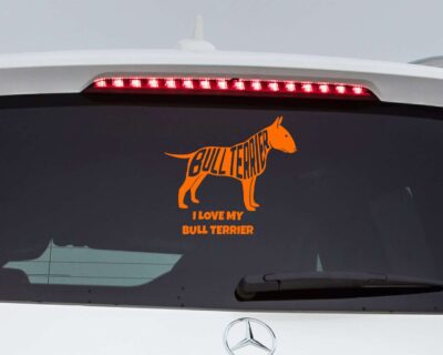 Cute bull terrier dog decal with inset text saying 'BULL TERRIER'.