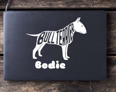 Cute bull terrier dog decal with inset text saying 'BULL TERRIER'.