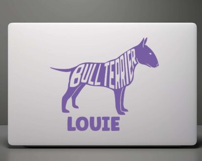 Cute bull terrier dog decal with inset text saying 'BULL TERRIER'.