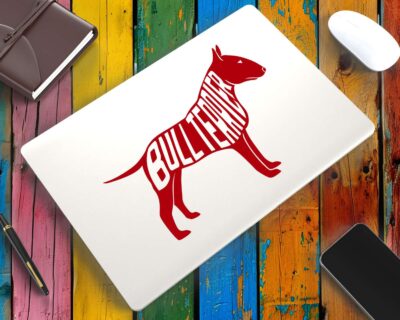 Cute bull terrier dog decal with inset text saying 'BULL TERRIER'.