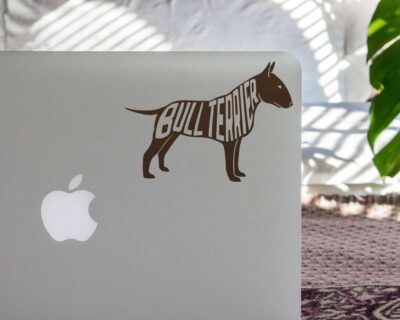 Cute bull terrier dog decal with inset text saying 'BULL TERRIER'.