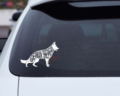 Adorable German Shepherd dog decal with inset text saying 'GERMAN SHEPHERD'.