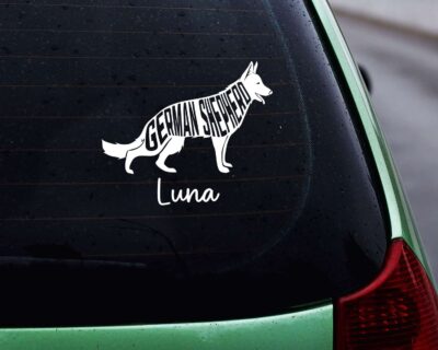 Adorable German Shepherd dog decal with inset text saying 'GERMAN SHEPHERD'.