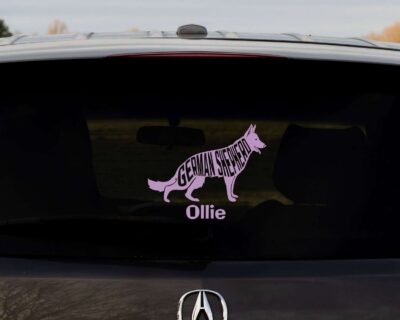 Adorable German Shepherd dog decal with inset text saying 'GERMAN SHEPHERD'.