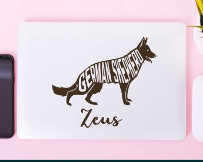 Adorable German Shepherd dog decal with inset text saying 'GERMAN SHEPHERD'.