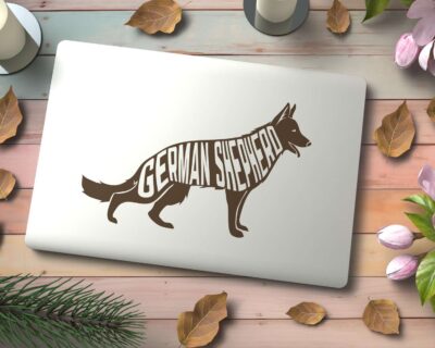 Adorable German Shepherd dog decal with inset text saying 'GERMAN SHEPHERD'.