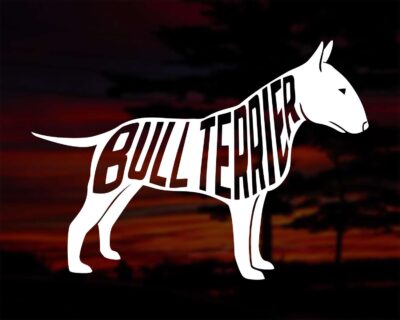 Cute bull terrier dog decal with inset text saying 'BULL TERRIER'.