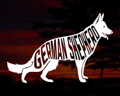 Adorable German Shepherd dog decal with inset text saying 'GERMAN SHEPHERD'.