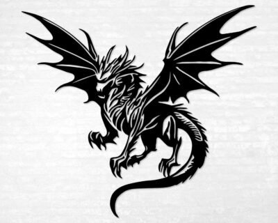 Silhouette of a fierce looking dragon with wings spread