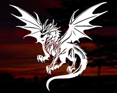 Silhouette of a fierce looking dragon with wings spread