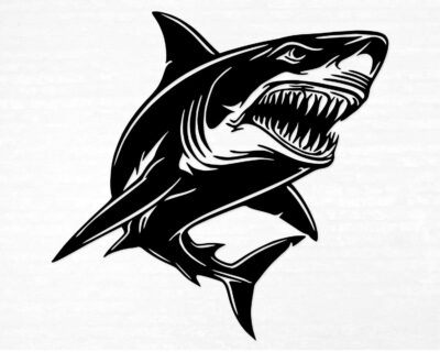 Great white shark decal featuring a shark with a powerful body, jaws slightly open to reveal rows of razor-sharp, menacing teeth ready to strike.