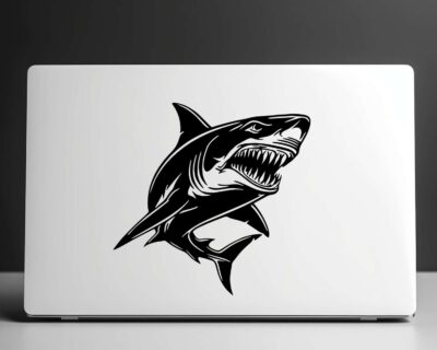 Great white shark decal featuring a shark with a powerful body, jaws slightly open to reveal rows of razor-sharp, menacing teeth ready to strike.