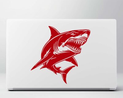 Great white shark decal featuring a shark with a powerful body, jaws slightly open to reveal rows of razor-sharp, menacing teeth ready to strike.