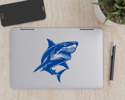 Great white shark decal featuring a shark with a powerful body, jaws slightly open to reveal rows of razor-sharp, menacing teeth ready to strike.