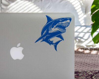 Great white shark decal featuring a shark with a powerful body, jaws slightly open to reveal rows of razor-sharp, menacing teeth ready to strike.
