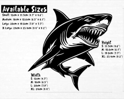 Great white shark decal featuring a shark with a powerful body, jaws slightly open to reveal rows of razor-sharp, menacing teeth ready to strike.