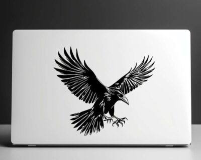 Striking black silhouette vinyl decal of a raven in mid-flight, wings spread wide and talons extended.