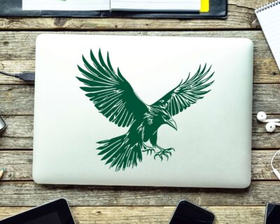 Striking black silhouette vinyl decal of a raven in mid-flight, wings spread wide and talons extended.