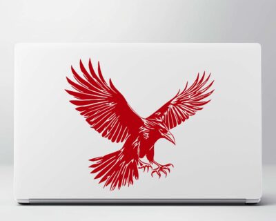 Striking black silhouette vinyl decal of a raven in mid-flight, wings spread wide and talons extended.
