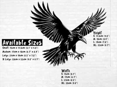 Striking black silhouette vinyl decal of a raven in mid-flight, wings spread wide and talons extended.
