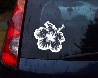 Hibiscus flower, featuring five large rounded petals with textured detail and smooth edges, a prominent central stamen extending outward, and small detailed anthers. The bold design captures the tropical beauty and distinct shape of the hibiscus blossom.