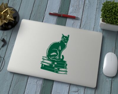 Vinyl decal of a cat sitting gracefully on a stack of books, rendered in a bold silhouette style.