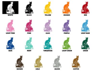 Vinyl decal of a cat sitting gracefully on a stack of books, rendered in a bold silhouette style.