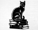 Vinyl decal of a cat sitting gracefully on a stack of books, rendered in a bold silhouette style.