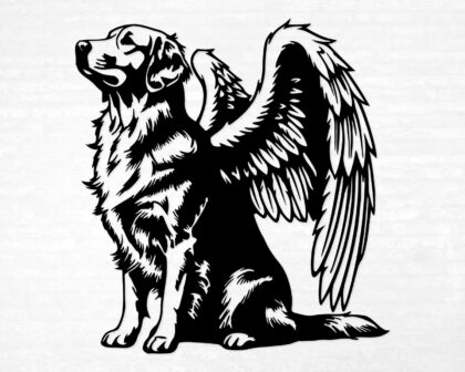 Vinyl decal of a majestic golden retriever dog with large angel wings. The dog is depicted sitting upright with a calm and serene expression, its head slightly tilted upward as if looking toward the heavens. Detailed fur markings create a textured, realistic look throughout the body, while the strong wings extend gracefully from its back, showcasing layered feathers with intricate line work.