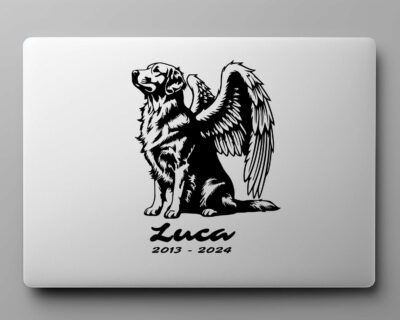 Vinyl decal of a majestic golden retriever dog with large angel wings. The dog is depicted sitting upright with a calm and serene expression, its head slightly tilted upward as if looking toward the heavens. Detailed fur markings create a textured, realistic look throughout the body, while the strong wings extend gracefully from its back, showcasing layered feathers with intricate line work.