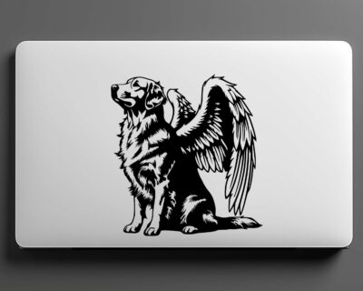 Vinyl decal of a majestic golden retriever dog with large angel wings. The dog is depicted sitting upright with a calm and serene expression, its head slightly tilted upward as if looking toward the heavens. Detailed fur markings create a textured, realistic look throughout the body, while the strong wings extend gracefully from its back, showcasing layered feathers with intricate line work.
