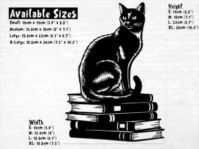 Vinyl decal of a cat sitting gracefully on a stack of books, rendered in a bold silhouette style.