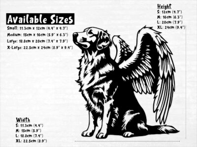 Vinyl decal of a majestic golden retriever dog with large angel wings. The dog is depicted sitting upright with a calm and serene expression, its head slightly tilted upward as if looking toward the heavens. Detailed fur markings create a textured, realistic look throughout the body, while the strong wings extend gracefully from its back, showcasing layered feathers with intricate line work.